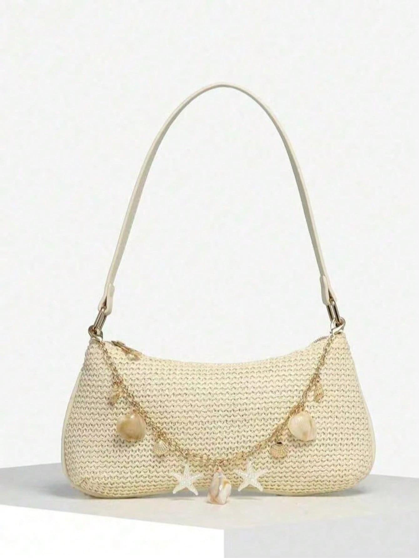 1pc Retro Bowknot Decor One Shoulder Armpit French Bread Bag, Suitable For Dates, Outings, Parties - Beige - View 1