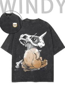 Double-Side Men Water Washed Streetwear Brand Street Style 100 Percent Cotton T Shirt Front And Back Print With Pokemones Inspired Design And Dinosaur Skull Art For Casual Wear Outdoors And Urban Lifestyle | Front And Back Print | Vintage Heavyweight Tee | Perfect Gift | Loose Comfortable Breathable | Machine Washable Fabric | Hip Hop Cool Style | Drippy Clothes | Y2K Fashion - 黑色 - 查看 2