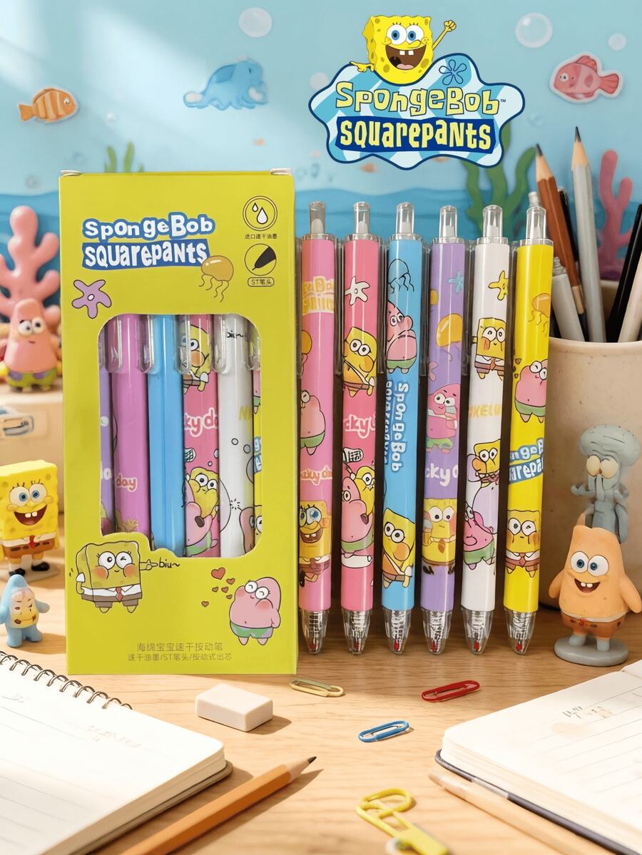 SpongeBob SquarePants 6支/盒方裤角色设计笔,适合考试和办公使用,颜色和款式随机,创意高性价比学生文具,办公用品,送给家人、朋友和同事的理想礼物,文具礼品,学习用品,返校季,斋月 - 隨機 - 查看 1