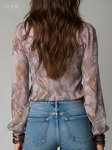 Vintage French Vacation Style Elegant Chiffon Allover Print Deep V-Neck Zipper Ruffle Sleeve Women Blouse Summer - Light Purple - View 5