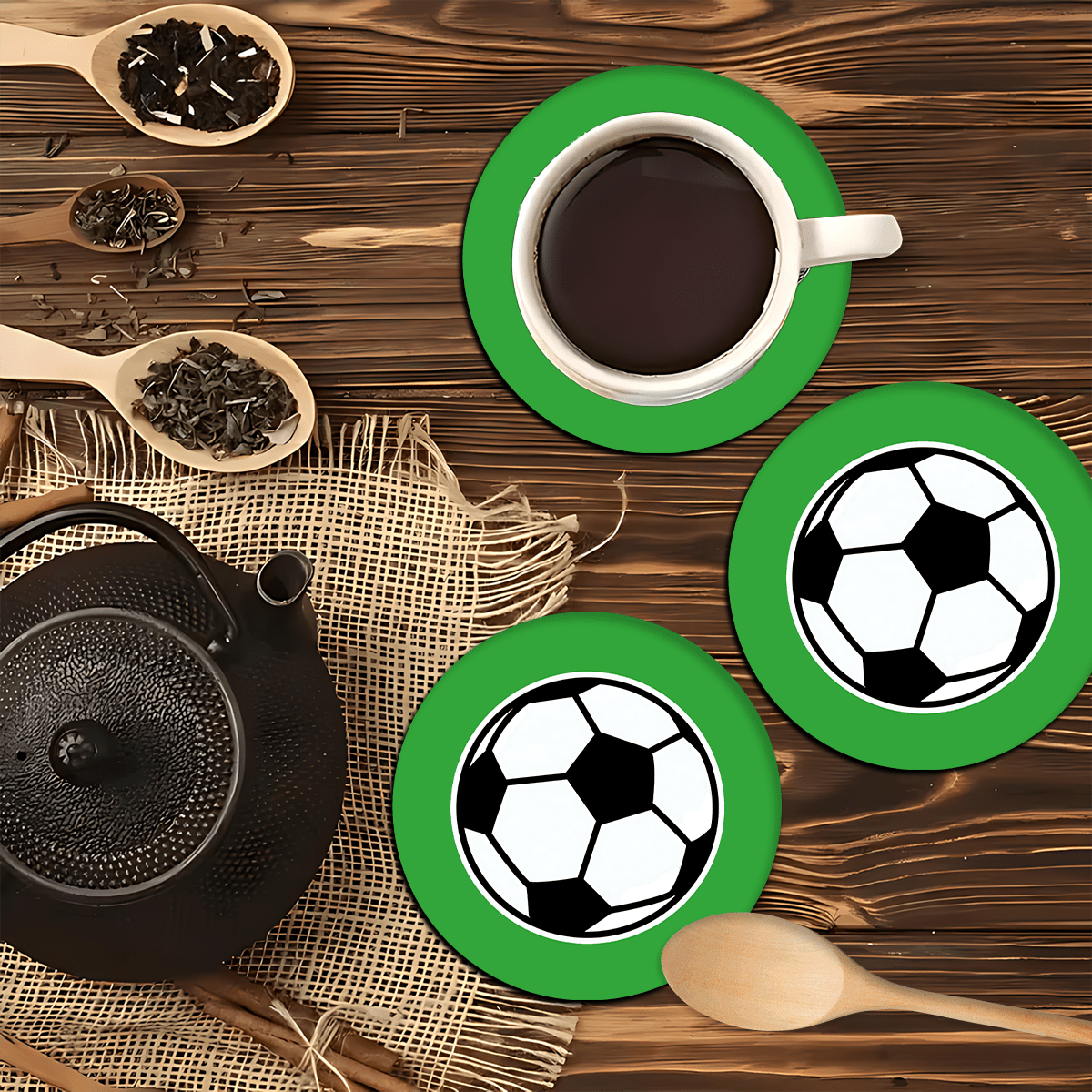 6pcs Football Pattern Coaster Set, Tea Cup Mat, Water Cup Mat, Wine Glass Mat, Coffee Cup Mat, Round Absorbent Silica Gel Coasters, Home Decor, Party & Tableware Gift Set, Suitable For All Seasons - Multicolor - View 9