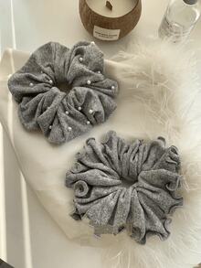 1pc Gray Knitted Floral Headband, Decorated With Faux Pearl Ruffles On The Edge, Soft & Comfortable Material, Suitable For Ponytail And Other Hairstyles, High-End Hair Accessory For Daily Or Special Occasions. The Product Includes Headband, Hair Decor And Elastic Band For Creating Perfect Styling. - Multicolor - View 1