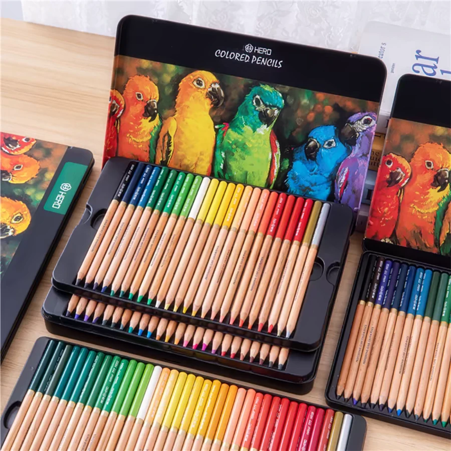 48-Farben Premium Ölbasierte Farbstift-Set, 24/36/48 Farben erhältlich, 3,8mm weiche Mine, Holz Zeichen- und Malset, Metallverpackung, geeignet für Künstler und Hobbykünstler - Hero 24-Farben-Blechdosenset - Übersicht 1