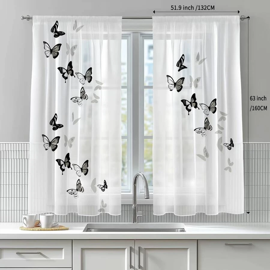 2pcs Butterfly Print Semi-Sheer Curtains, Festival Dance Style, Made Of Polyester Fiber, Rod Pocket Design, Suitable For Home Windows, Kitchen, Living Room, Bedroom, Dining Room, Studio, Cafe, Art Gallery, Washable And Removable, Easy To Install And Maintain - Multicolor - View 1