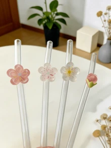 1-6支装可重复使用玻璃吸管，饰以优雅的樱花和桃花图案，花卉美学饮具，适用于冰饮、奶昔、冰沙、珍珠奶茶、果汁等冷饮，适合海滩派对、户外野餐、甜品店、小吃店、聚会、家庭聚会、儿童活动、情人节、返校季等场合，是送给女孩的清新贴心礼物。 - Style B - 查看 4