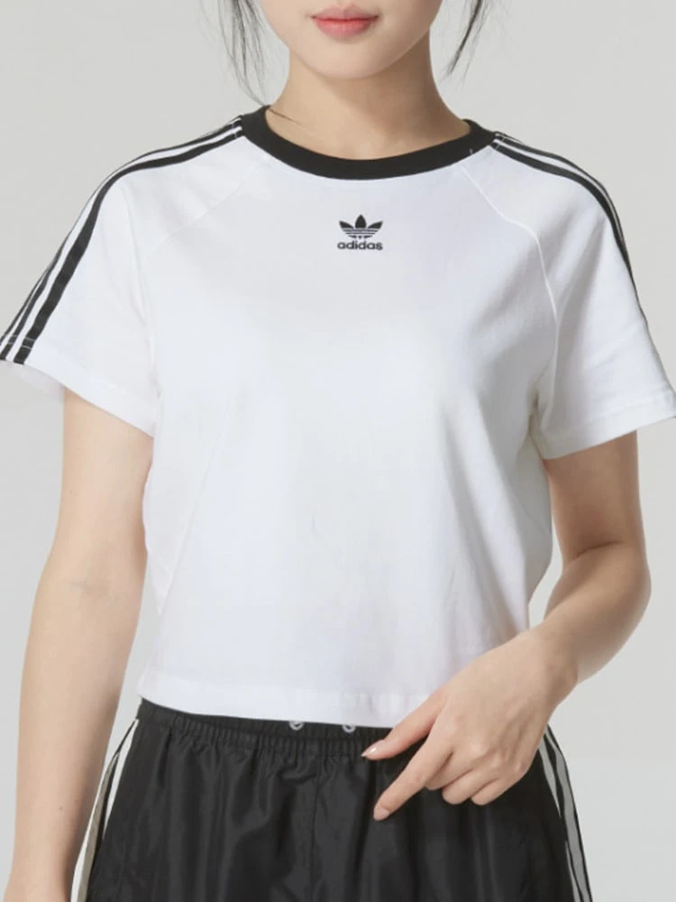 adidas originals Cali Tee 條紋字母logo拼色圓領休閒短袖 T卹 女款 白色 - 白色 - 查看 1