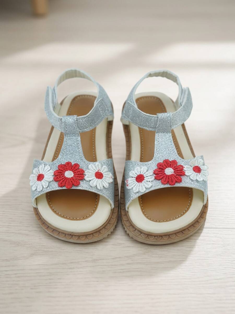 Fresh Countryside 3-12 Year Old Girls' Blue Silver Sparkling Dazzling Little Daisy Embroidered Children's Sandals - Blue Silver Sparkling Upper + Handmade Red And White Little Daisy Embroidery, Open Toe Hollow Structure, Adjustable Back With Hook And Loop, Multi-Layer Cushioning Composite Sole, Dynamic, Sweet, Fresh Style, Daily Vacation, Spring And Summer Outerwear Sandals! - Mint Blue - View 1
