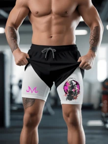 Unisex Anime Print 2 In 1 Lightweight Short,Beach Shorts,Versatile Wear For Weightlifting/Yoga/Running,Gym Clothing Shorts,Classic Mens Graphic Shorts With Pocket ,Shorts Men,Activewear,Casual Athletic Sport Short,High Stretch Sport Short,Quick Dry Swim Trunk,Comfortable Short - 白色 - 查看 2
