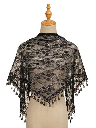 1件装女士纯色镂空蕾丝花卉印花流苏围巾、披肩、头巾、头饰，波西米亚风格，适合派对、聚会、情人节等场合。