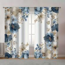 2 PIEZAS Cortinas elegantes con estampados planos 2D en blanco, azul y verde. Con diseño de bolsa para barra, las cortinas de poliéster semi transparentes son adecuadas para decorar tu sala de estar, dormitorio, oficina o cocina - Multicolor - Ver 2
