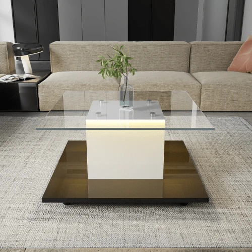 Coffee Table, Glossy Glass Coffee Table, Mobile Coffee Table With Swivel Casters
