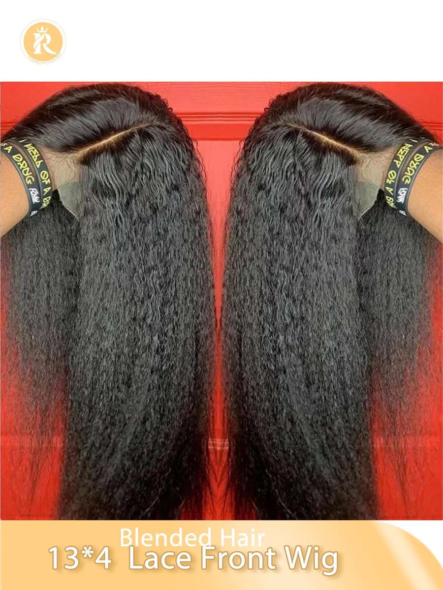 13x4 透明蕾丝前额假发，180 密度，Yaki 黑色，10-36 英寸长，卷曲直发蕾丝前额假发，适合女性，带婴儿发，合成纤维，预拔毛，无胶，日常佩戴，混纺假发 - 真人发和合成纤维的混合
