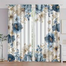 2 PIEZAS Cortinas elegantes con estampados planos 2D en blanco, azul y verde. Con diseño de bolsa para barra, las cortinas de poliéster semi transparentes son adecuadas para decorar tu sala de estar, dormitorio, oficina o cocina - Multicolor - Ver 1