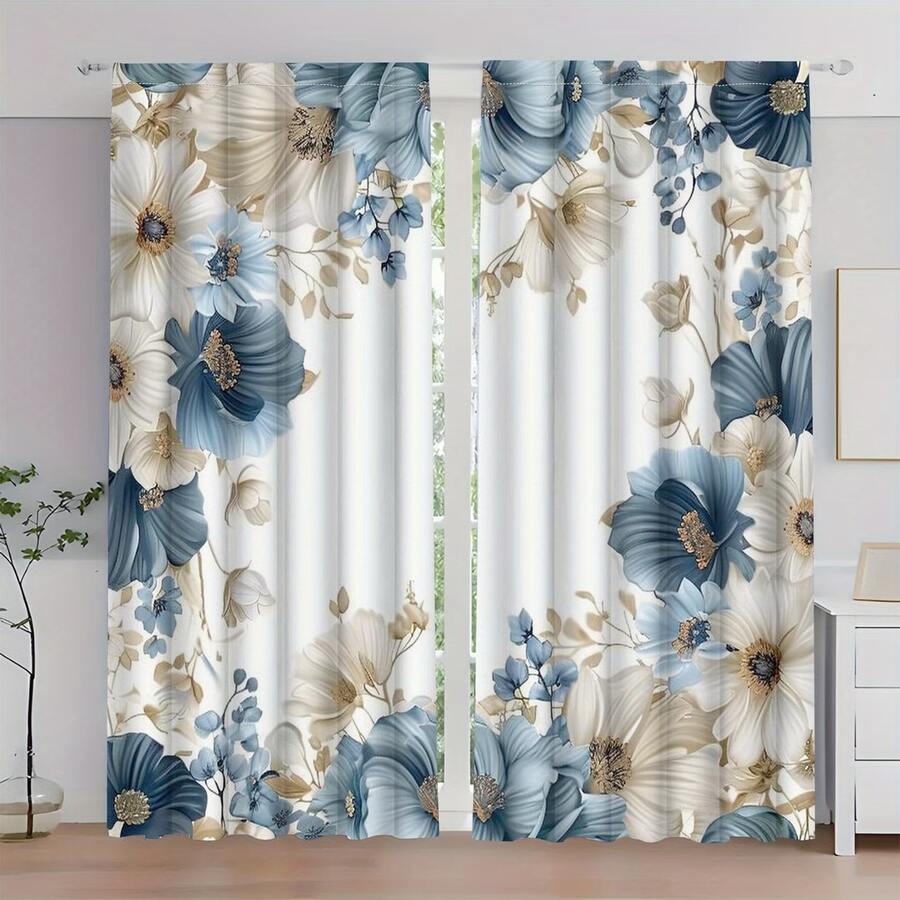 2 PIEZAS Cortinas elegantes con estampados planos 2D en blanco, azul y verde. Con diseño de bolsa para barra, las cortinas de poliéster semi transparentes son adecuadas para decorar tu sala de estar, dormitorio, oficina o cocina - Multicolor - Ver 1