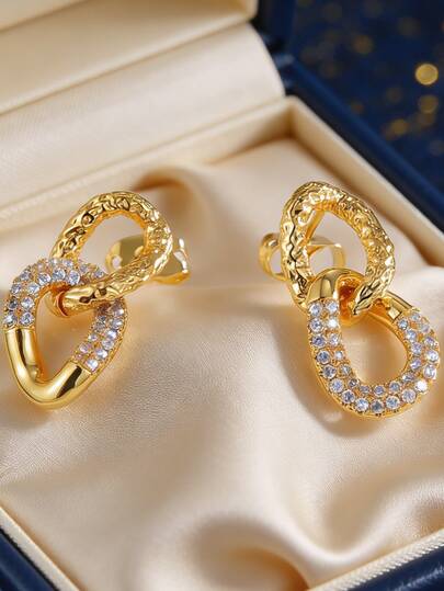 Women's Gold-Plated Double Hoop Drop Earrings, Fully Embedded Zirconia Stones, Minimalist Elegant Style, Suitable For Daily Commute And Workwear, An Ideal Gift For Fashion Enthusiasts