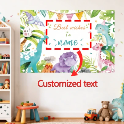 1pc Custom Cartoon Watercolor Dinosaur-Themed Vinyl Banners, Available In Three Sizes, With Personalized Messages And Names. Perfect For Baby Baptisms, Safari Animal Parties, Birthday Parties, Holiday Gifts, Family Gatherings, Baby's First Birthday, Home Decor, And Photo Props. Pre-Punched Holes At All Four Corners With White Ribbon Included.
