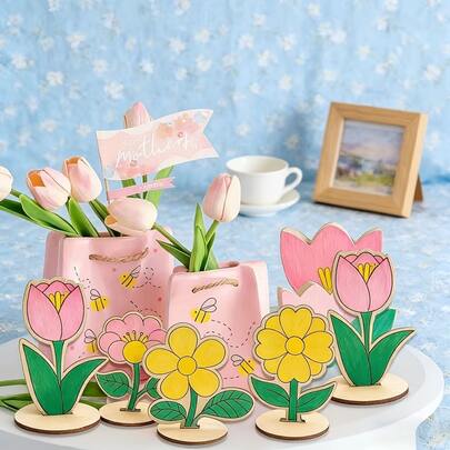 6/12 piezas Juego de decoración floral de madera, incluye rosas, lirios y girasoles, ideal para pintar y proyectos artesanales, perfectos para decoraciones de mesa de primavera y fiesta de Pascua, regalos del Día de la Madre y el Día de San Valentín y decoración del hogar