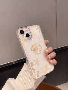 1pc Minimalist Line Design Transparent Gold Starfish & Shell Pattern TPU Soft Protective Phone Case, Suitable As Birthday/Holiday Gift For Friends, Family, Couples, Compatible With Apple Phones - Multicolor - View 2