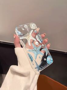 1pc Transparent Soft TPU Phone Case With Light Blue Starfish & Pearl Pattern, Suitable As Birthday/Holiday Gift For Friends, Family, Couples, Yourself, Compatible With Apple Phones - Multicolor - View 1