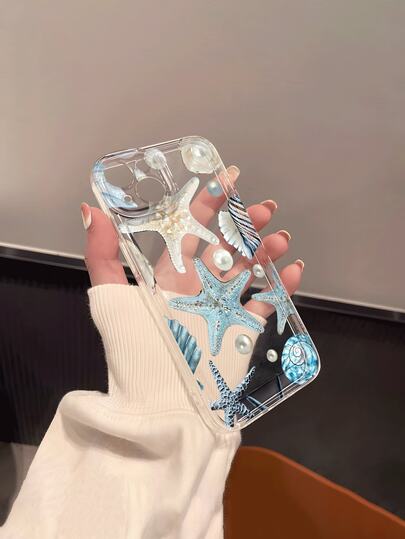 1pc Transparent Soft TPU Phone Case With Light Blue Starfish & Pearl Pattern, Suitable As Birthday/Holiday Gift For Friends, Family, Couples, Yourself, Compatible With Apple Phones