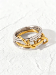 1 pieza Anillos apilables de mujer chapados en oro de 18K de acero inoxidable, anillos entrelazados multicapa, estilo bohemio, anillos de nudillo, regalo delicado, elegante diseño geométrico interconectado de juegos de anillos - Anillo liso - Ver 3