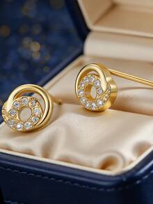 Women's Gold-Plated Double Hoop Earrings, Fully Embedded With Zirconia Stones, Minimalist Elegant Style, Suitable For Daily Commute And Workwear, An Ideal Gift For Fashion Enthusiasts - Gold - View 1