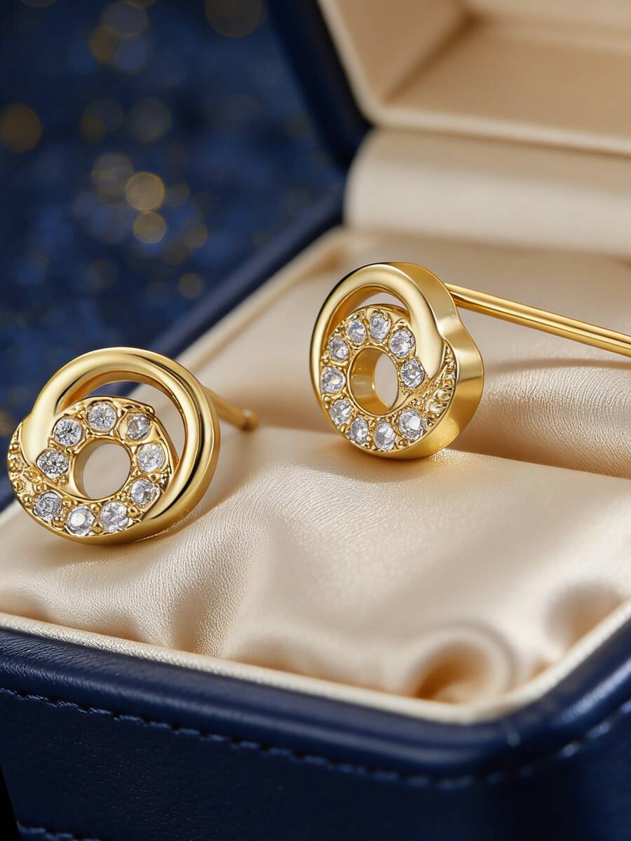 Women's Gold-Plated Double Hoop Earrings, Fully Embedded With Zirconia Stones, Minimalist Elegant Style, Suitable For Daily Commute And Workwear, An Ideal Gift For Fashion Enthusiasts - Gold - View 1