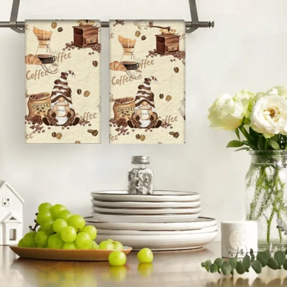 2/4/48pcs Coffee-Colored Decorative Pattern Kitchen Dishcloths, Soft & Durable, Highly Absorbent, Suitable For Kitchen & Holiday Decor, Multi-Purpose Cleaning Towels