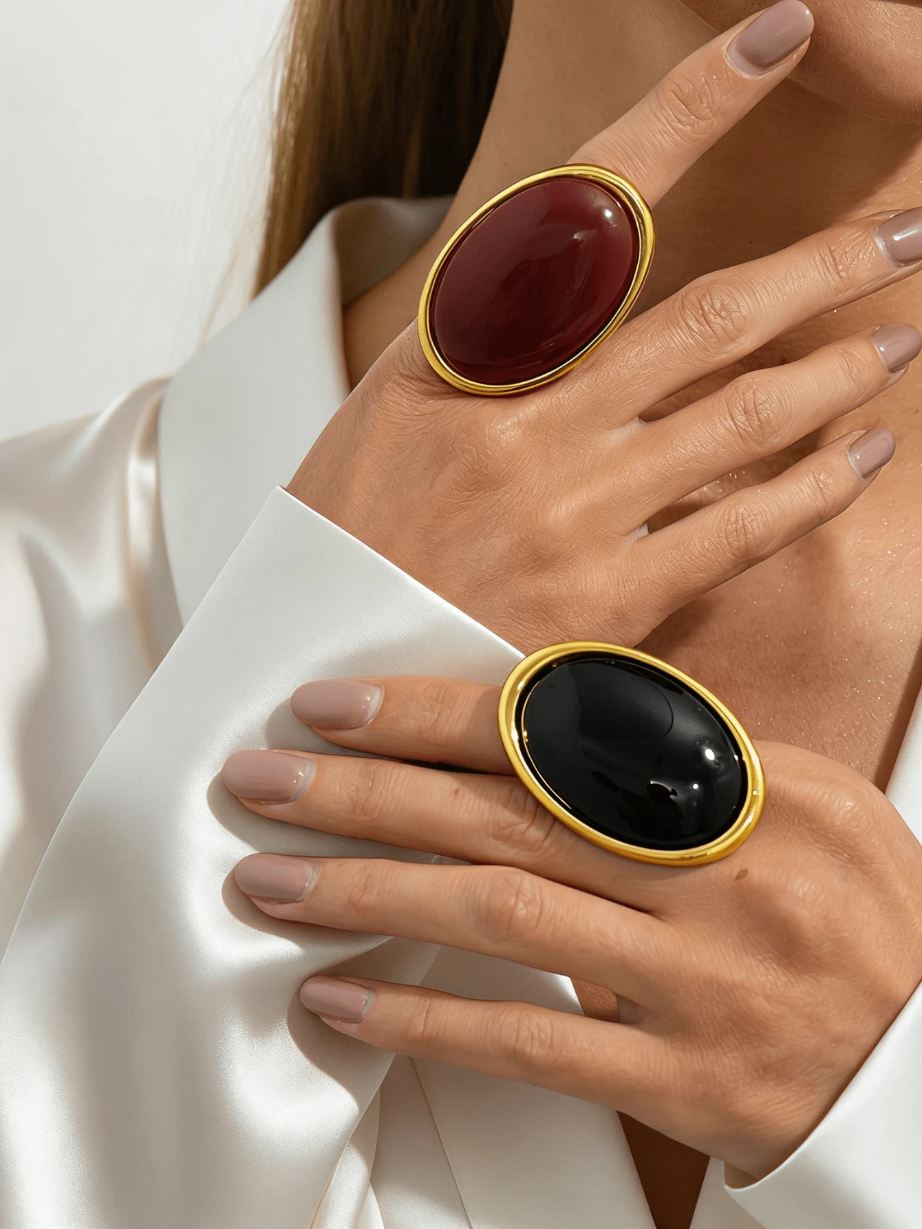 1pc Vintage Style Exaggerated Metal Inlaid Open Ring, With Metallic Luster, Suitable For Personalized Outfit Embellishment - Oval Ring - View 1