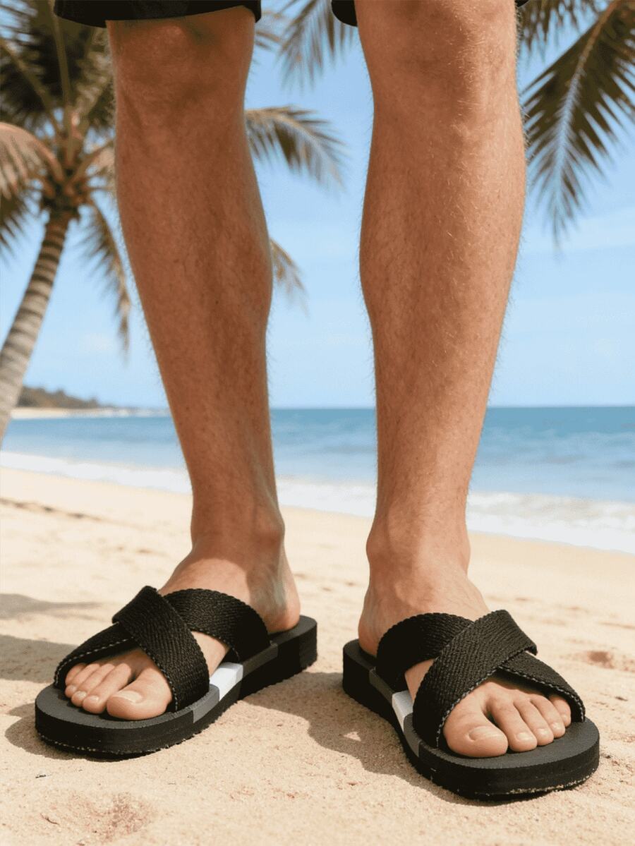 男士拖鞋交叉腳帶夏季黑色和拼色織物帶露趾一腳蹬休閒海灘戶外拖鞋