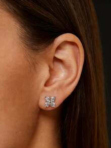 1 Pair S925 Sterling Silver Elegant Synthetic Zirconia Four-Leaf Clover Stud Earrings, Graceful Quality Jewelry For Women's Daily Wear - Silver - View 7