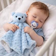 Naninha Bebê Premium Hipoalergênica Flobaby - Ursinho Pelúcia Paninho de Dormir Bege Rosa Azul - Urso Azul Pipoquinha - Visão 1