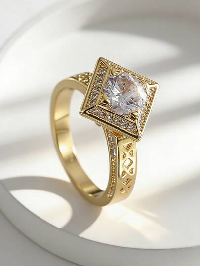 Charm-In Anello solitario con montatura quadrata in CZ, con halo pavé e gambo zigrinato placcato in oro 18K, anello vintage di promessa nuziale, regalo per anniversario per lei