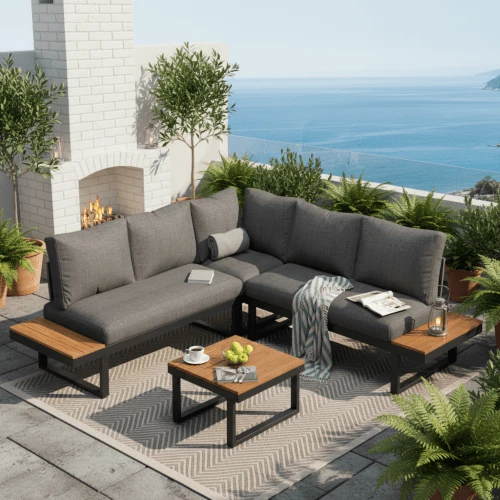 Corner Garden Set With Adjustable Tilt Function (5 Positions, Up To 55°), Galvanized Steel Tubular Frame, Teak-Effect Plastic Top, With Coffee Table, Grey And Black.