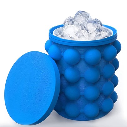 1 pieza Bandeja aislada con tapa azul, Cubo de hielo grande de silicona, (2 en 1) Molde para cubitos de hielo, Redondo, Cubo de hielo portátil