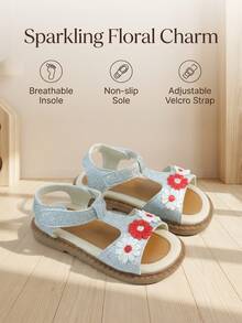 Fresh Countryside 3-12岁女童蓝银闪亮耀眼小雏菊刺绣儿童凉鞋 - 蓝银闪亮鞋面 + 手工红白小雏菊刺绣，露趾镂空结构，后跟魔术贴可调节，多层缓冲复合鞋底，动感、甜美、清新风格，日常度假、春夏户外凉鞋！ - 薄荷藍 - 查看 2