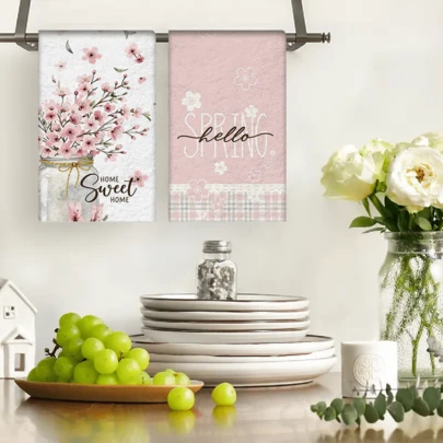 2/4/48pcs Kitchen Dishcloths, Decorated With Pink Floral & Glass Bottle Patterns, Soft & Durable With High Absorbency, Suitable For Kitchen & Holiday Decor, Multi-Purpose Highly Absorbent Kitchen Cleaning Towels