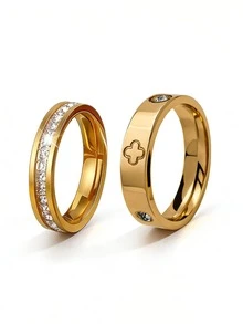 2 piezas Anillos apilables de acero inoxidable con diseño sencillo de una y dos filas con circonita cúbica dorada para uso diario de mujeres - Plateado - Ver 6
