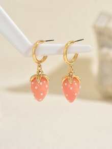 Cute Pink Strawberry Drop Earrings For Women, Golden Hoop With Faux ImitationPearl Strawberry Dangle Earrings, Sweet Fruit Jewelry - Multicolor - View 5