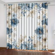 2 PIEZAS Cortinas elegantes con estampados planos 2D en blanco, azul y verde. Con diseño de bolsa para barra, las cortinas de poliéster semi transparentes son adecuadas para decorar tu sala de estar, dormitorio, oficina o cocina - Multicolor - Ver 5