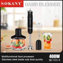 SOKANY 4合1電動攪拌機，400W高功率，2段速度控制，可拆卸底座。包含主機、攪拌棒、攪拌杯、絞肉碗和研磨杯。適用於打蛋、攪拌肉類和製作嬰兒食品。 - 查看 4