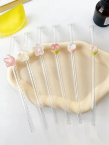 1-6支装可重复使用玻璃吸管，饰以优雅的樱花和桃花图案，花卉美学饮具，适用于冰饮、奶昔、冰沙、珍珠奶茶、果汁等冷饮，适合海滩派对、户外野餐、甜品店、小吃店、聚会、家庭聚会、儿童活动、情人节、返校季等场合，是送给女孩的清新贴心礼物。 - Style B - 查看 8