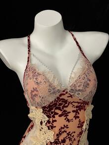 一件丝绒睡裙，高端女士秋冬睡衣，小胸睡裙，性感法式吊带睡裙，纯蕾丝夏季睡裙 - 酒紅色 - 查看 5