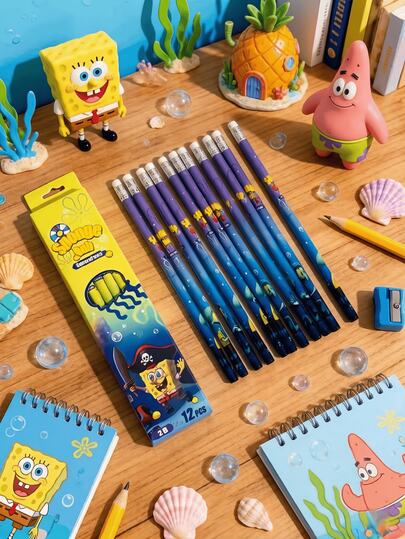 SpongeBob SquarePants 海绵宝宝6支/12支/36支铅笔套装，高品质创意学生文具铅笔，印有海绵宝宝、章鱼哥、珊迪、痞老板、蟹老板等卡通人物，颜色和款式随机（1盒=12支），适合作为礼物送给家人、朋友、同事，也适合办公室、学校、绘画、学生、马克笔、文具、返校季等场合使用。
