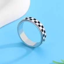 18K镀金不锈钢格子图案戒指，缓解焦虑和压力，男女皆宜（黑白图案） - 銀色 - 查看 2
