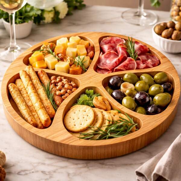Petisqueira Bambu 5 Divisória Tábua Frios Aperitivo Queijo Cor De Madeira Petiscos Redonda