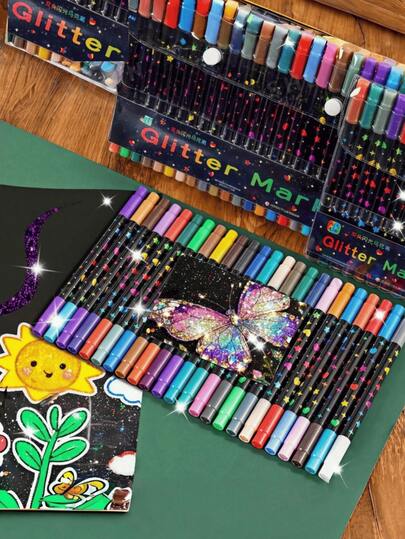 96色双头双色闪光丙烯马克笔套装，笔触柔滑流畅，闪耀夺目，速干防水防褪色，适用于绘画、素描、日记、艺术创作等多种表面。