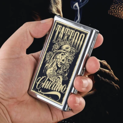 锌合金复古不锈钢双面海报金属香烟盒，便携式14格通用薄/厚香烟盒，时尚配饰新年情人节生日礼物男女通用