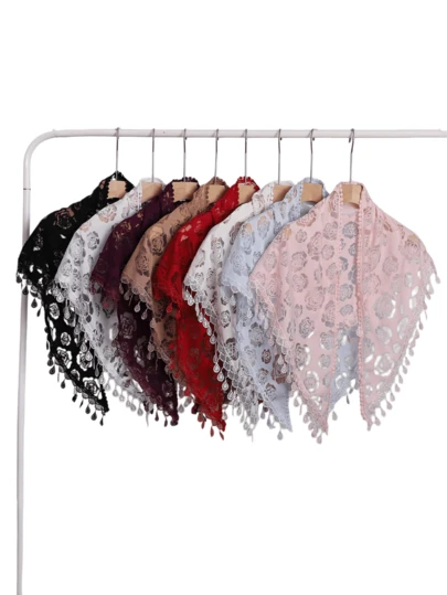 1pc Women Solid Color Hollow Lace Rose Floral Print Tassel Scarf, New Fashion Floral Lace Bag Triangle Headscarf.