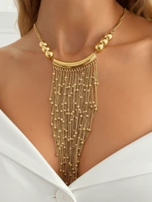 1 chiếc vòng cổ tua rua đính đá lấp lánh sang trọng, kiểu dáng yếm cổ điển dành cho nữ, phù hợp để phối cùng trang phục hàng ngày và trang trí dự tiệc. - Vàng - Xem 15